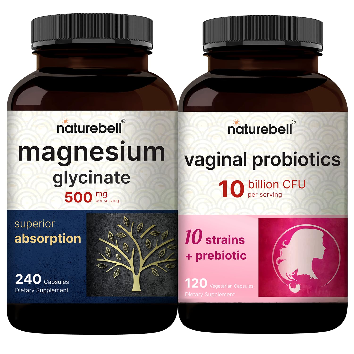 Cápsulas de Magnésio Glicinato NatureBell 500mg e Probióticos Vaginais 240 Cápsulas Veganas para Saúde da Mulher | Mineral Quelado e Purificado com 10 Bilhões de CFU