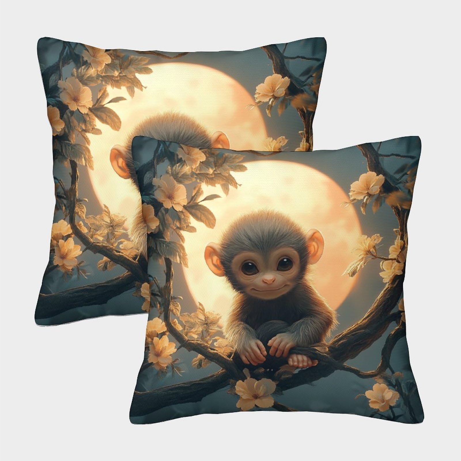 kaiyun 2 Pack Full Moon Pillowcase 45x45cm,Little Monkey Among Flowers Cushion Cover,3D Digital Printing Bed Sofa Decorative