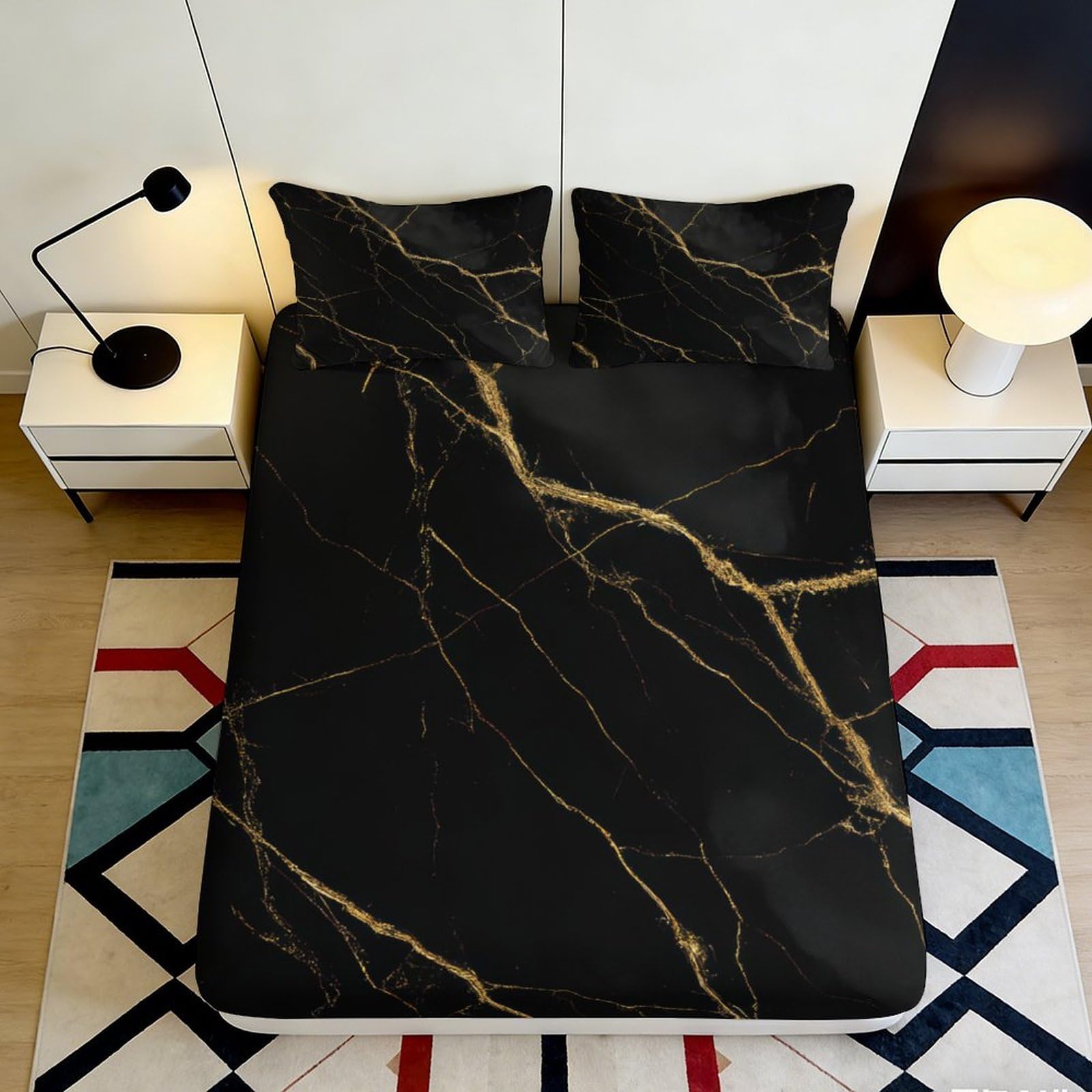 Uynsixtme Style-4 3D Printed Black Marble Fitted Sheet Microfiber Deep Pocket Non-Slip Bedroom Bedding Black Gold Marble Mattress Fitted Cover 140X200x25cm