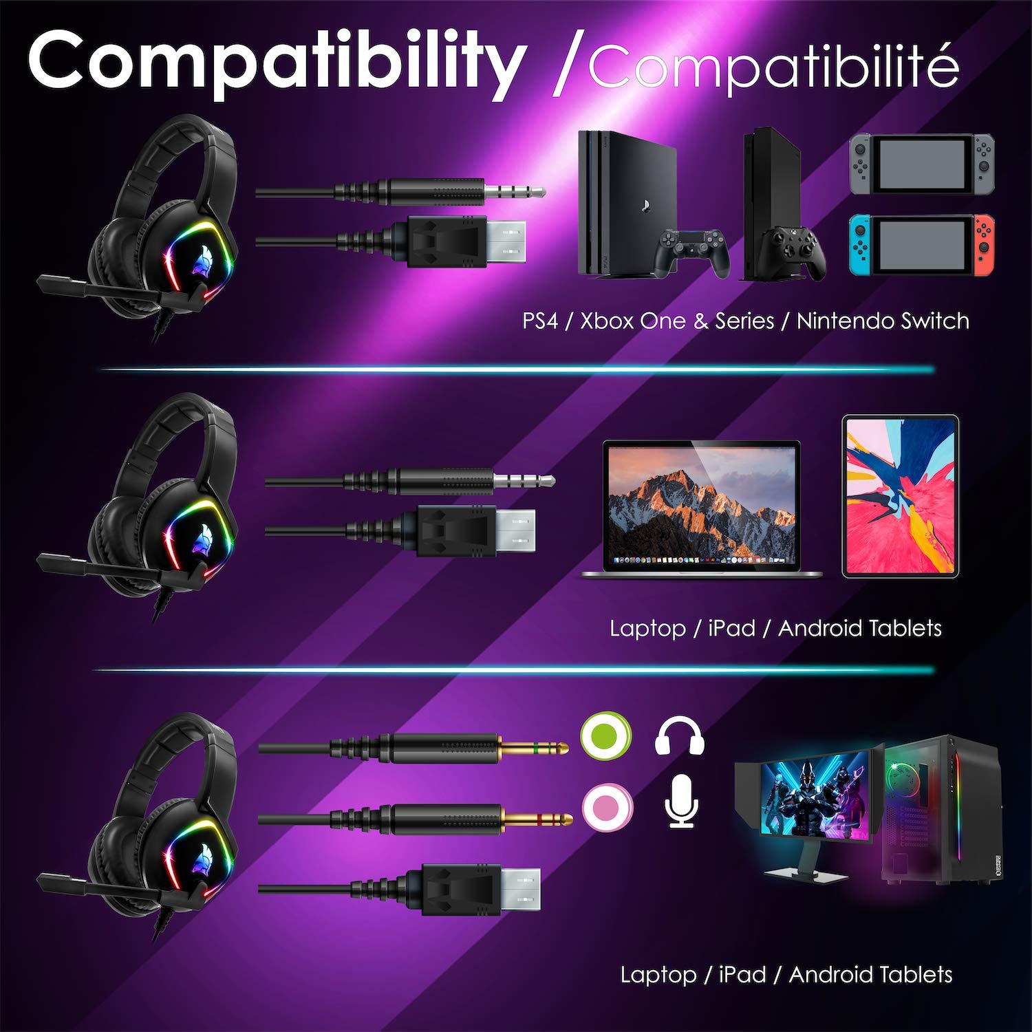 EMPIRE GAMING - Cuffie Gamer Dark Rainbow G-HD10 - Compatibile con Console di gioco PS4, PS5, Smartphone,Tablet,PC,Mac - Audio stereo ad alta definizione - Microfono flessibile omnidirezionale