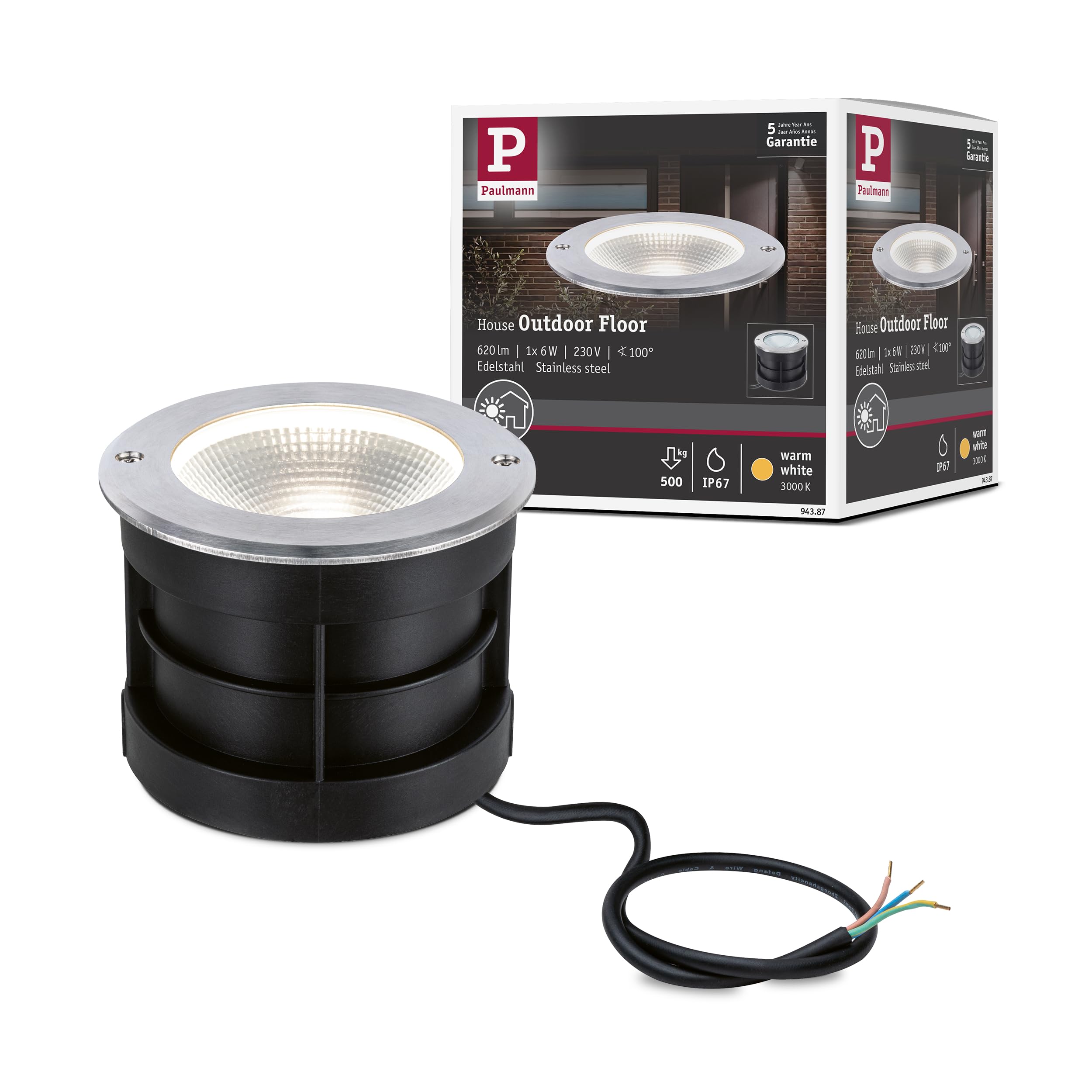 Paulmann 94387 LED oprawa zewnętrzna oprawa dogrunt. Floor IP67 w kompl. 1x6 W stal szlachetna lampa zewnętrzna stal szlachetna, aluminium 3000 K