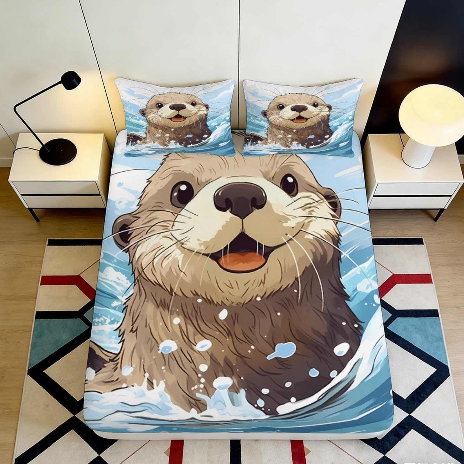 Uynsixtme Style-4 3D Printed Cartoon Otter Microfiber Deep Pocket Fitted Sheet Soft Non-Slip Full Wrap Otter Mattress Fitted Cover Washable Bedding For Adults 140X200x25cm