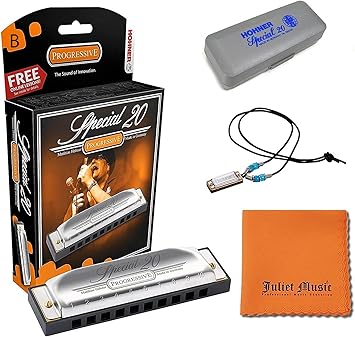 Hohner Harmonica Special 20 Key B Progressive Series 560PBXB 10 Holes, Bundle with Hard Case, Mini Harmonica Necklace Juliet Music Polishing Cloth