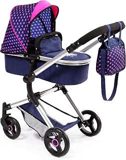 BayerDesign Vario Doll Pram Stroller: Adjustable Reversible Handle, Convertible Jogger, Fits 52cm Dolls, Blue Pink Unicorn
