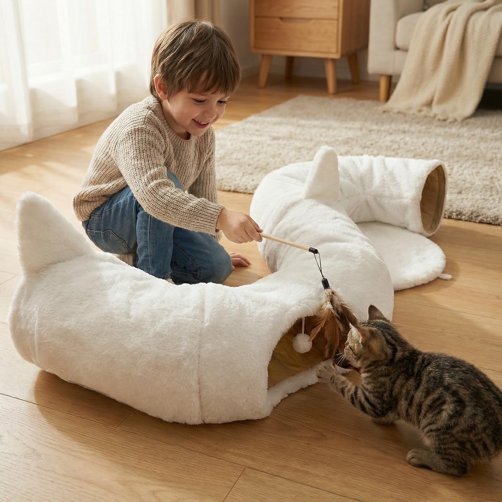 Lit tunnel pour chat d'intérieur en peluche douce avec coussin lavable, pour chaton, lapin, chiot (blanc)
