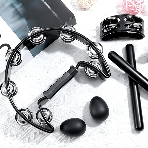 Miniatura 7 de 6 panderetas para adultos, pandereta de mano de media luna con campanas, palos de ritmo de madera, cocteleros de huevos, juego de instrumentos