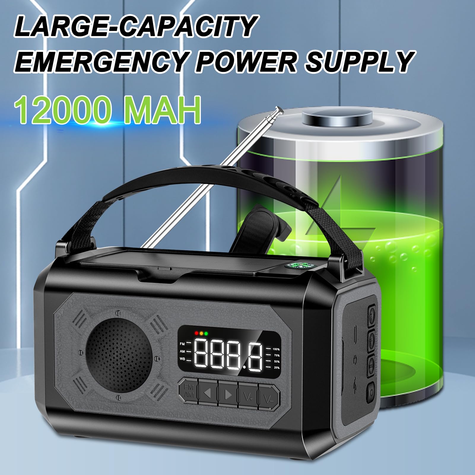 Radio di emergenza da 12000 mAh, radio portatile con allarme meteorologico AM/FM/NOAA, manovella con torcia, lampada da lettura, allarme SOS, caricatore USB, per emergenza domestica ed esterna
