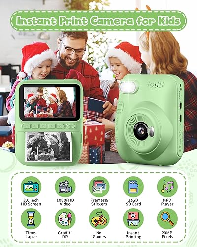 Miniatura 2 de Cámara de impresión instantánea para niños, pantalla HD de 3.0 pulgadas, cámara digital instantánea de 32 MP, regalos de Navidad, cumpleaños,