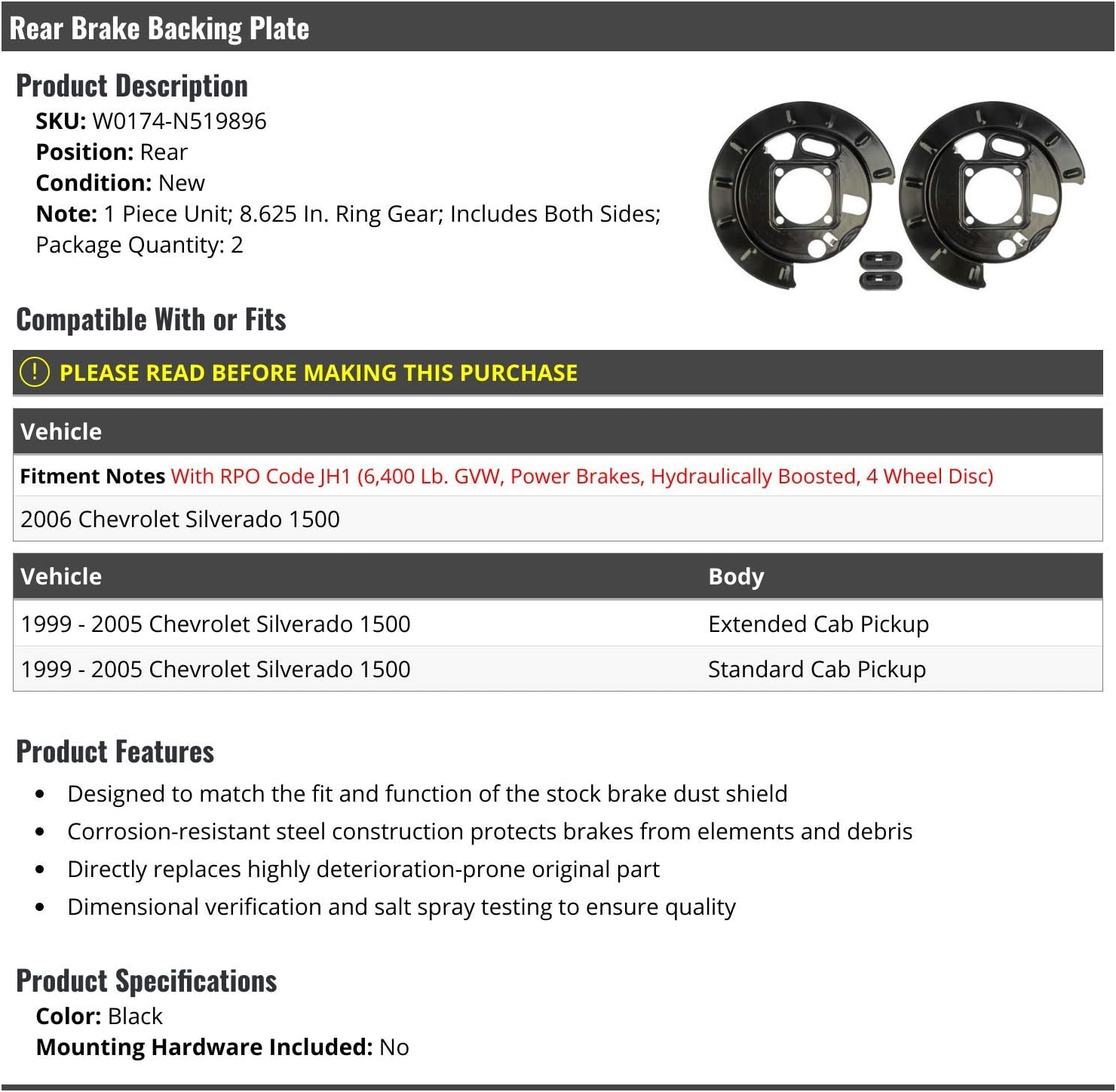 Marketplace Auto Parts Rear Brake Backing Plate Set - Compatible with 1999-2006 Chevy Silverado 1500