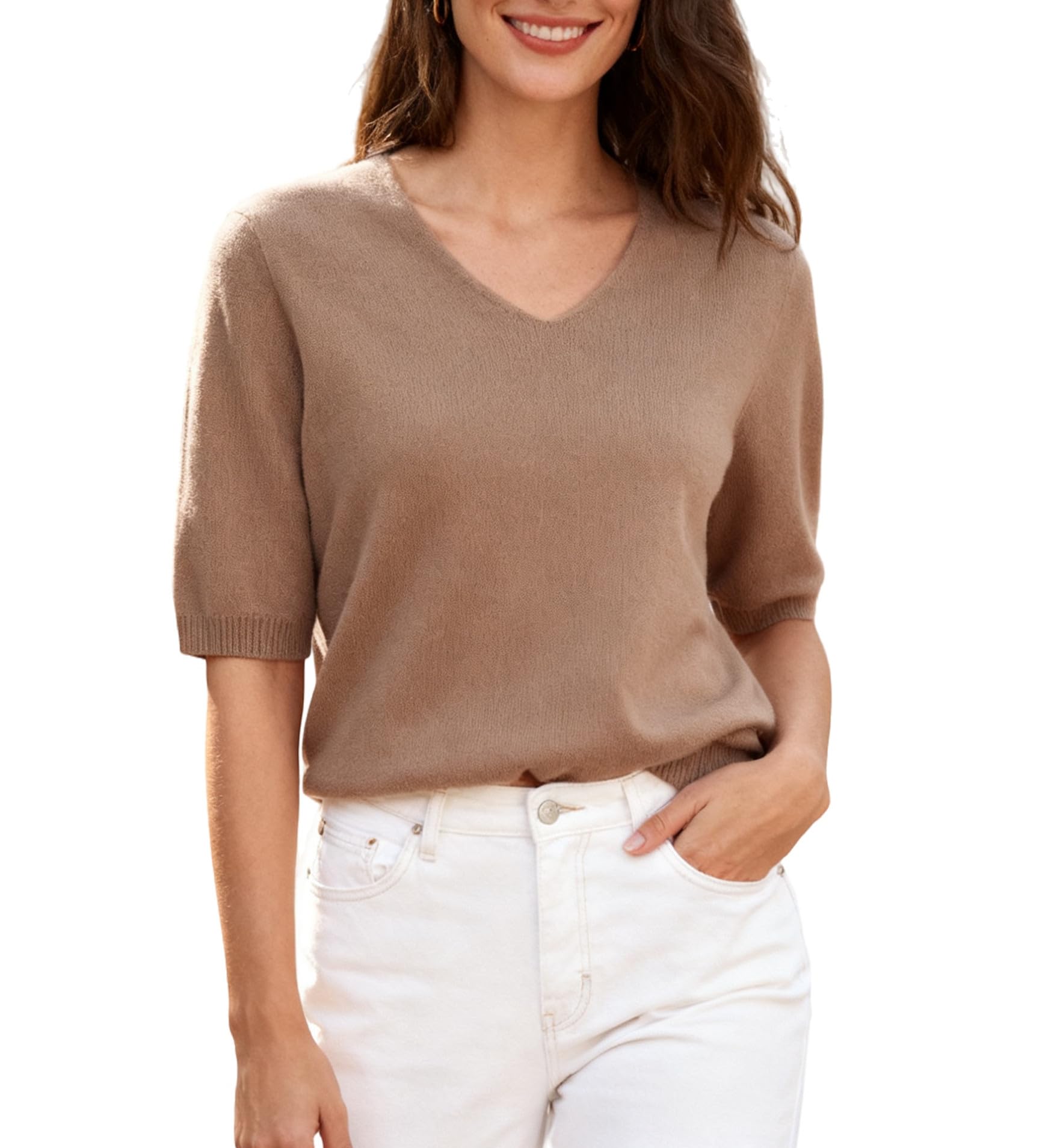 Betusline Womens Wool Blend Short Sleeve V-Neck Sweater Lightweight Knit Pullover Top Casual Sweater for Women