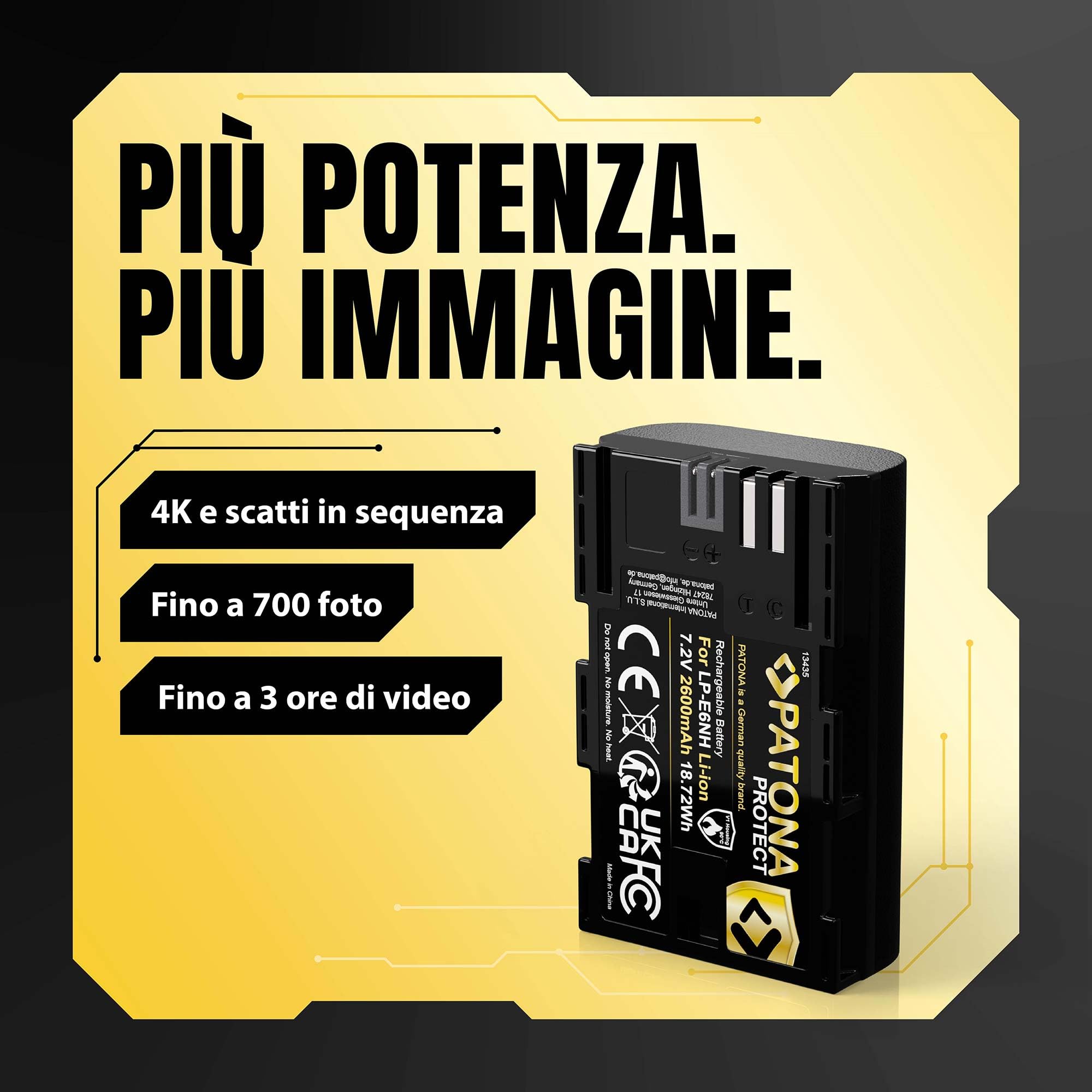 PATONA Protect Batteria LP-E6NH 2600mAh – ricambio per Canon LP-E6 LP-E6N LP-E6NH – compatibile con EOS R5 R6 R6II R7 5D III/IV 6D 7D 90D – sensore NTC e guscio V1 ignifugo