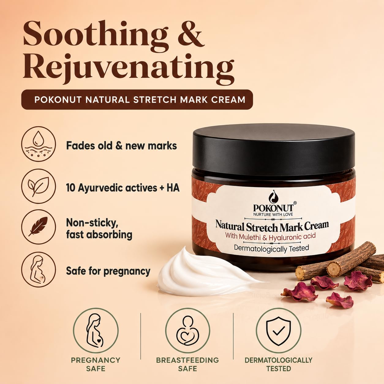Pokonut Stretch Marks Cream for Women & Men | For Pregnancy, After Delivery & Weight Loss | Fades Old & New Marks on Belly, Thighs & Hips | Hyaluronic Acid + Rosehip Oil | Non-Sticky | 50g 4