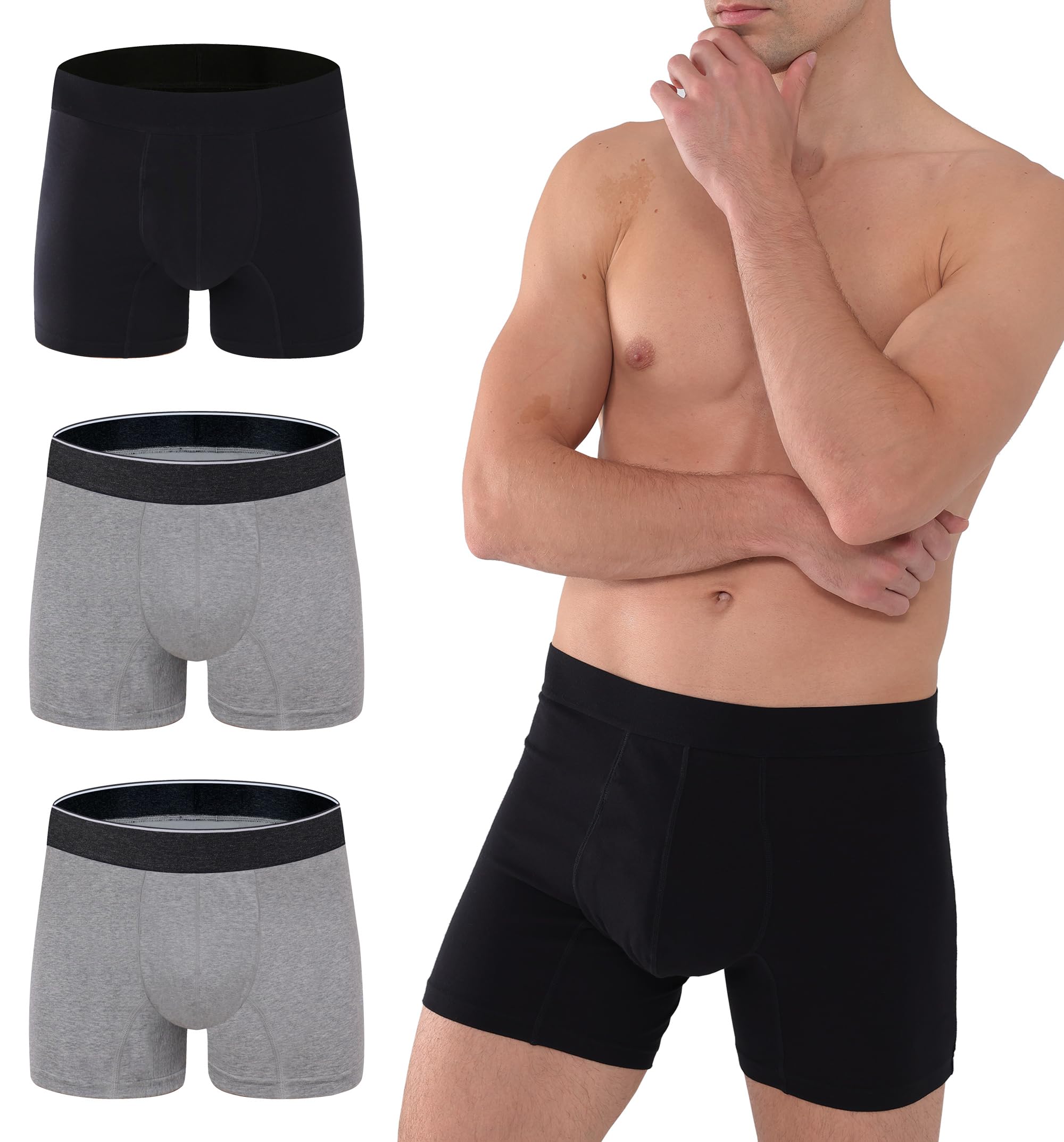 AIRCUTE Washable Absorbency Urinary Incontinence Underwear for Men Boxer Briefs for Bladder Leaks 60 ML 3 Pack (X-Large, Black-Gray-Gray)