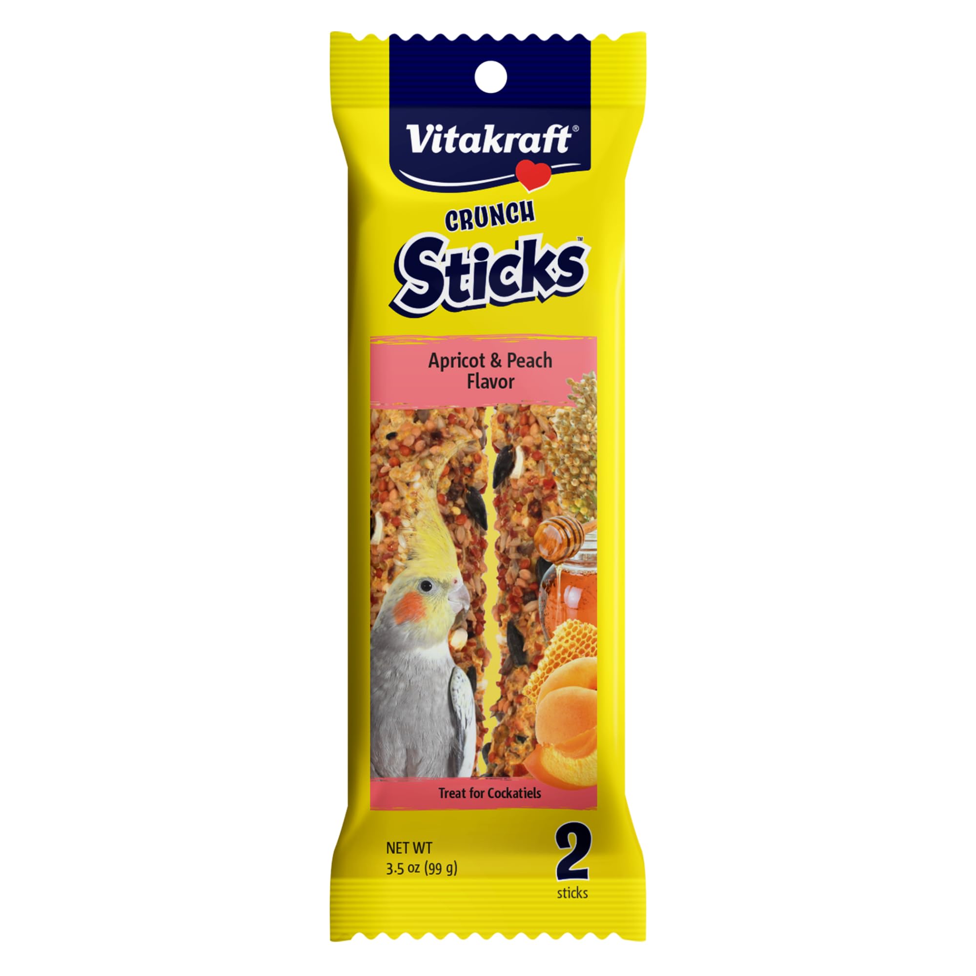 Crunch Sticks Cockatiel Treat Apricot Peach Flavor - Triple Baked Long Lasting Bird Treats with Natural Wood Chew Center for Beak Health and Enrichment - 3.5 oz.