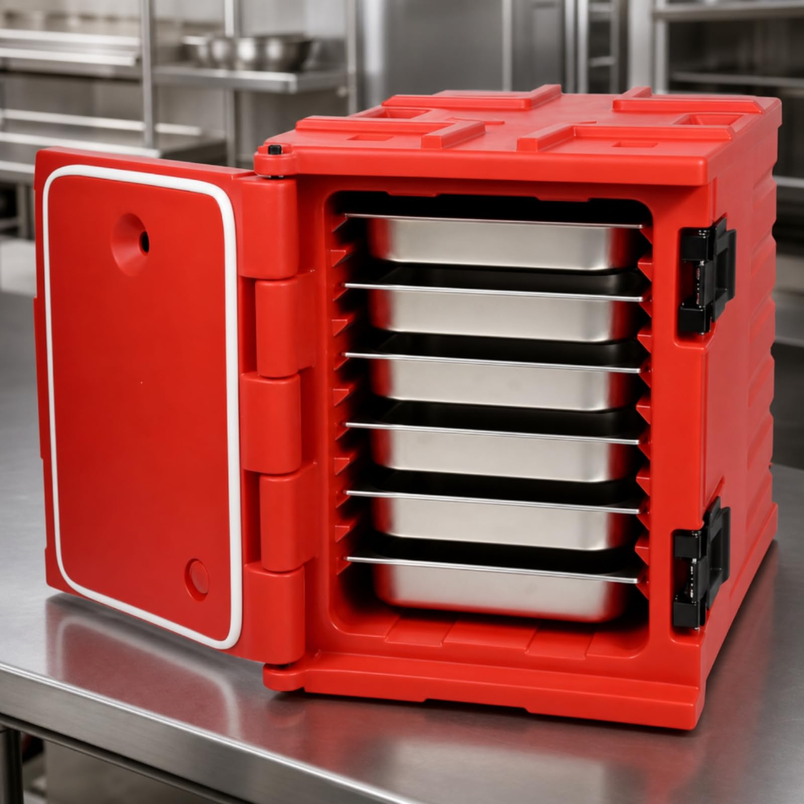 Contenitore Termico con Teglie da 90 Litri Box Termico Porta Teglie in Acciaio Inox Scatola Termica per detti al Catering, Ristoratori, Array, Rosso
