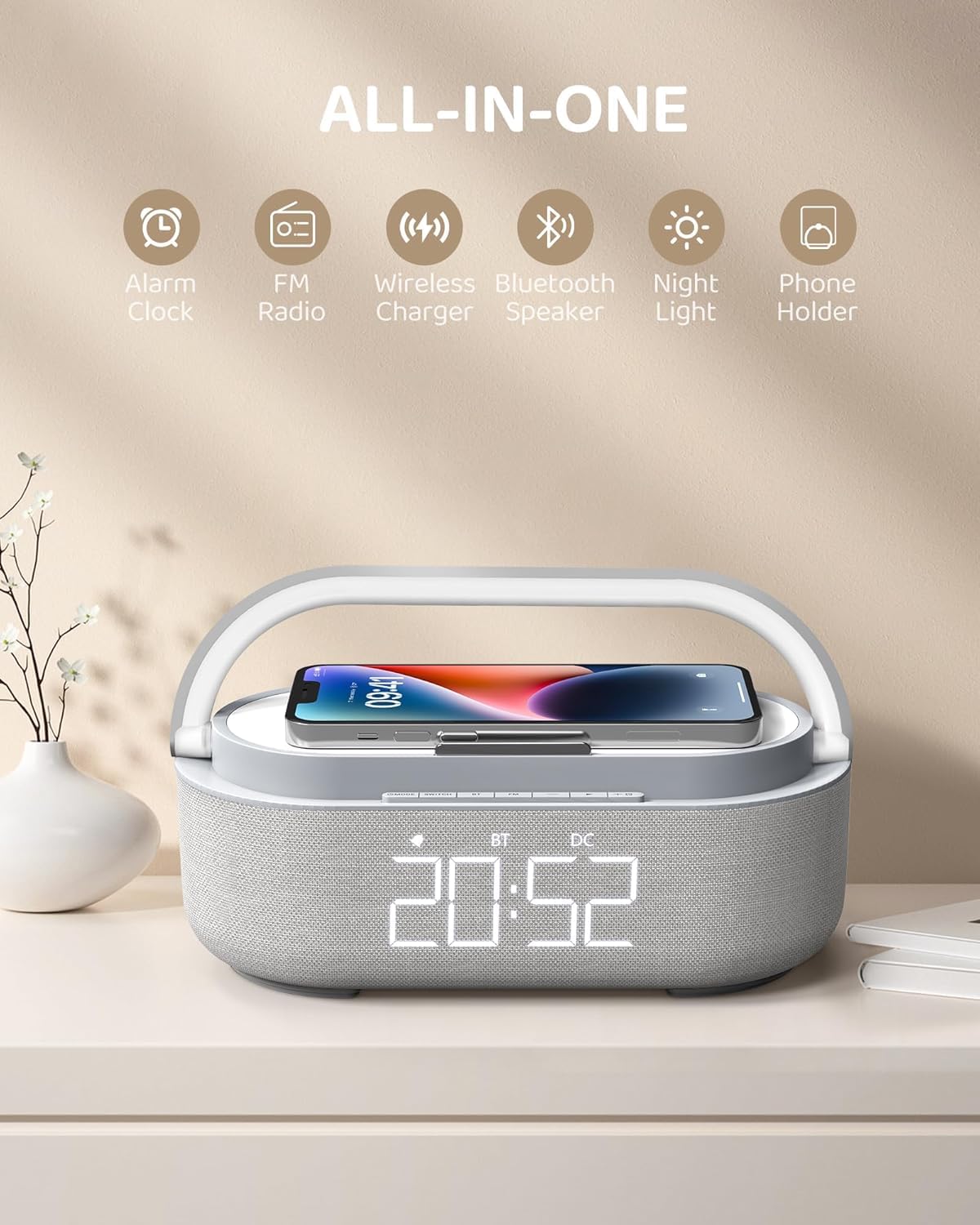 Reloj despertador de radio digital, altavoz Bluetooth, reloj despertador al lado de la cama, carga inalámbrica de 15 W, reloj despertador para dormir pesado, luz nocturna, radio FM, altavoces duales,