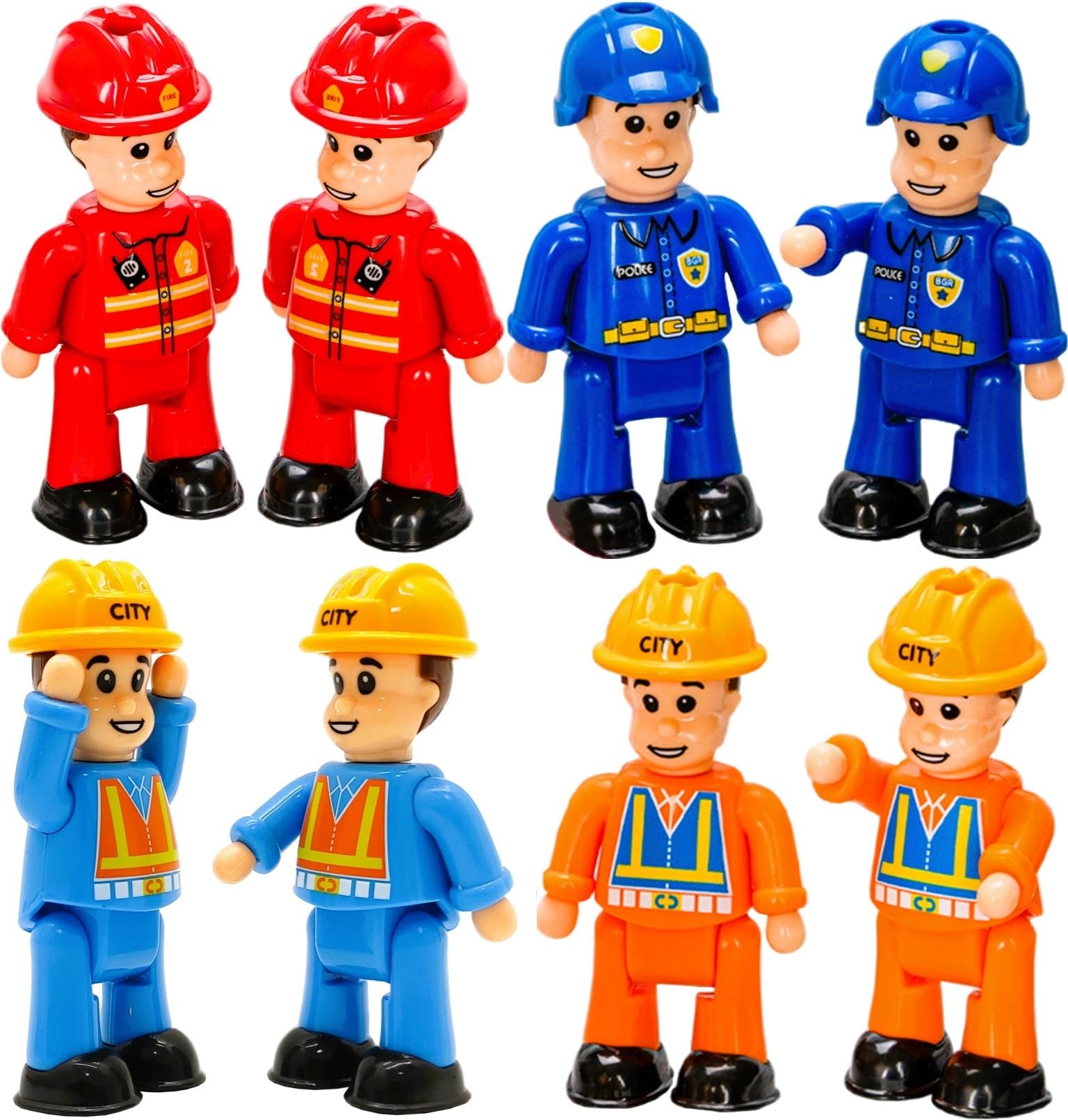 FUNERICA 8-Set Bendable Play People Figures for Kids - Firefighters, Police Officers, Construction Workers, Sanitation and Community Helpers Figurines