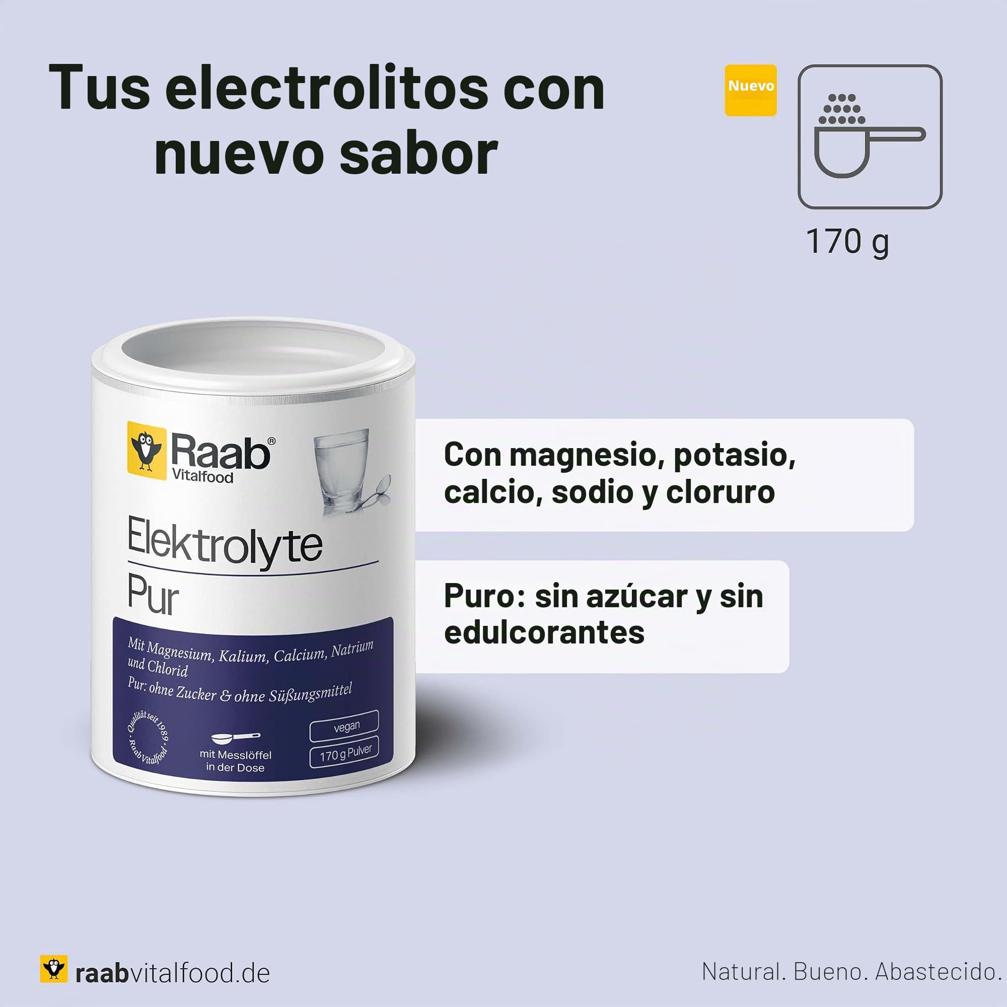 Raab Vitalfood Electrolitos Pur (170 g) - Electrolitos sin azúcar y sin edulcorantes, perfecto para deportistas en caso de pérdida de líquidos, vegano, con cuchara medidora, para músculos, nervios