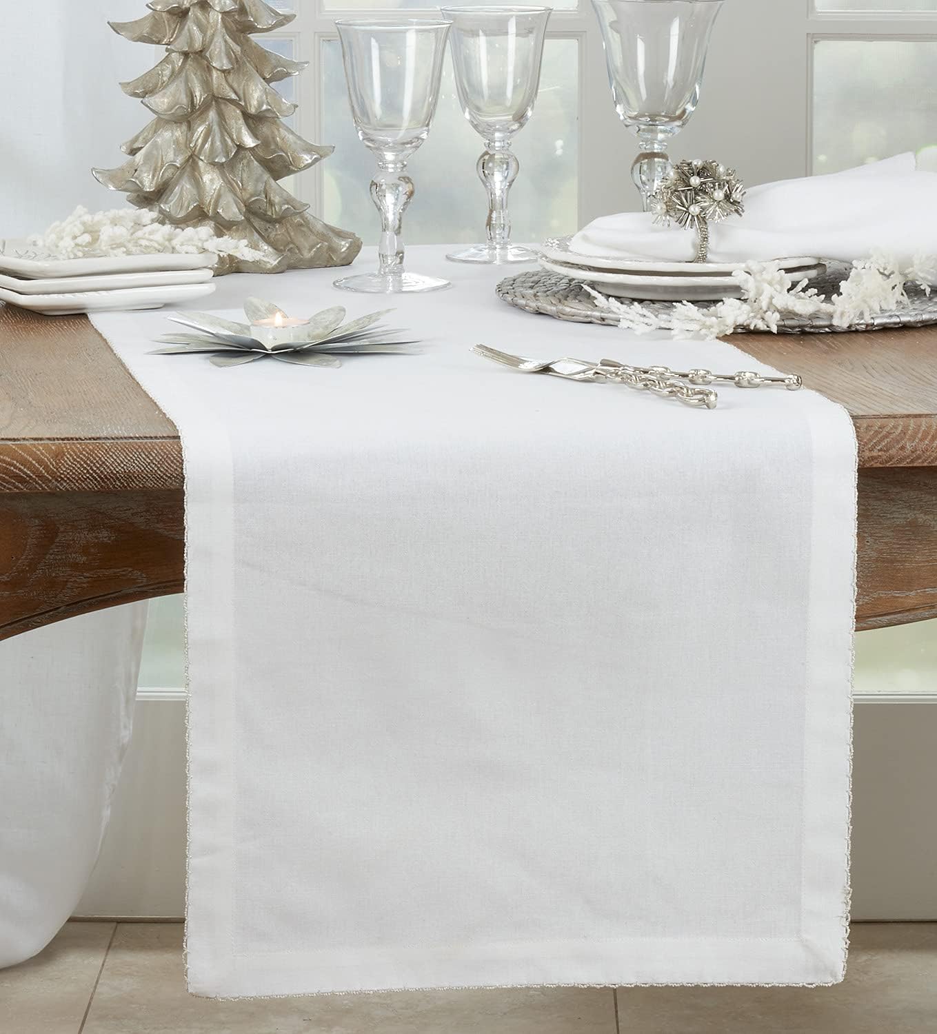 Fennco Styles Whip Stitched 100% Cotton Table Runner 16"W x 108"L - Silver Table Cover for Home Décor, Dining Table, Holiday, Banquets, Family Gathering and Special Occasion
