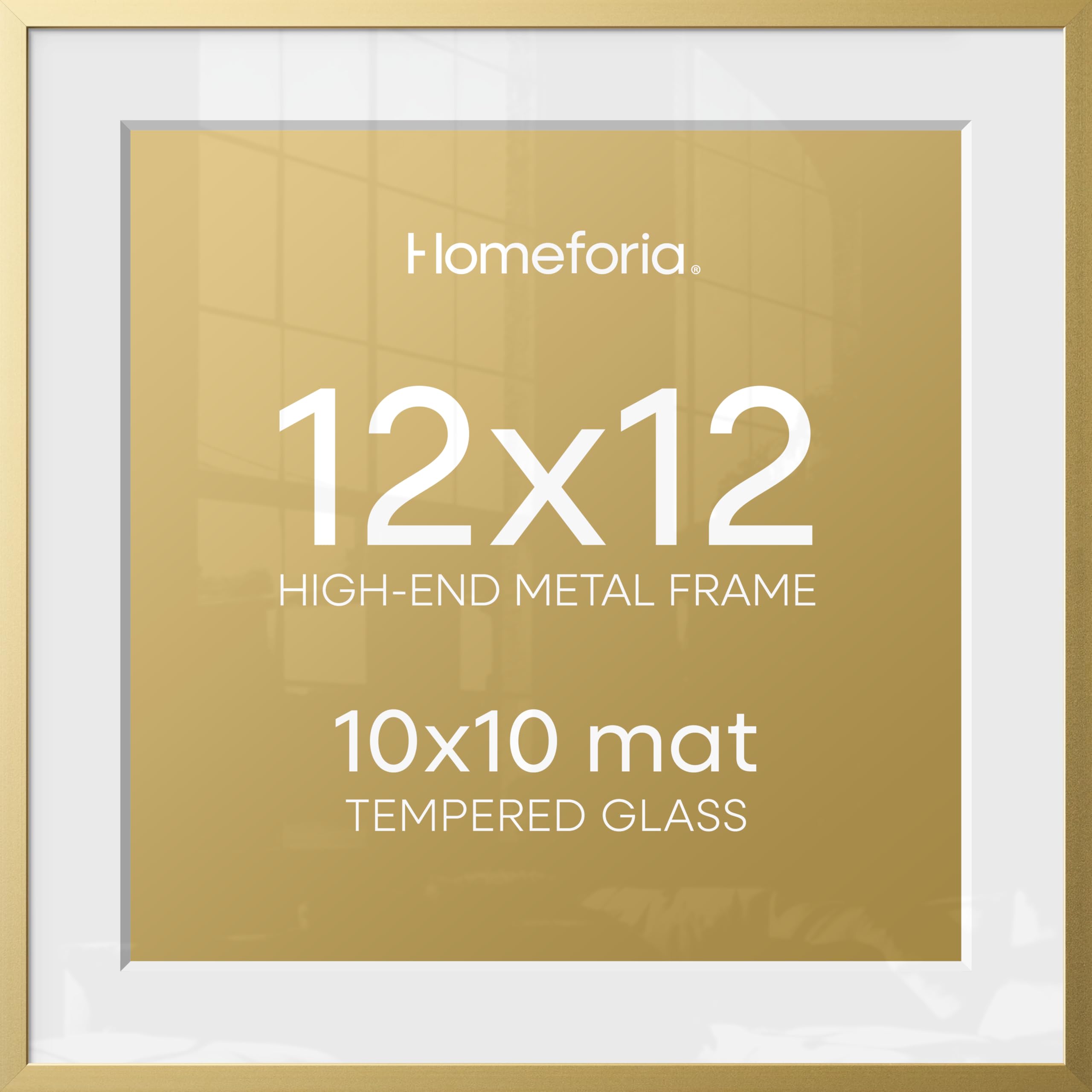 Homeforia 12x12 Gold Picture Frame, High-End Metal, 10x10 Mat, Glass | High End Aluminum, Tempered Glass, Acid-Free 10x10 Removable Mat, 12x12 in Edge-to-Edge Display 12x12, Wall Kit, Set Of 4