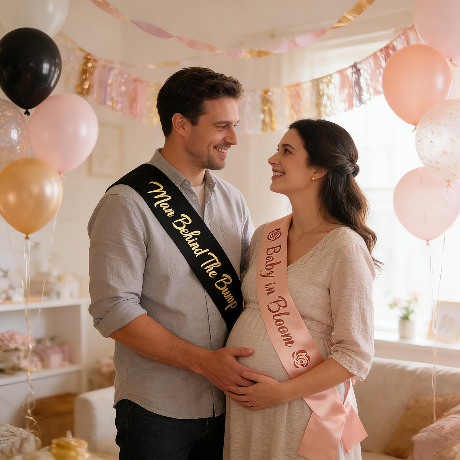 2 Pcs Baby Shower Sash, Rose Gold Baby in Bloom Sash and Black Gold Man Behind the Bump Sash,Gender Reveal Baby Shower Party Decorations Supplies image 3