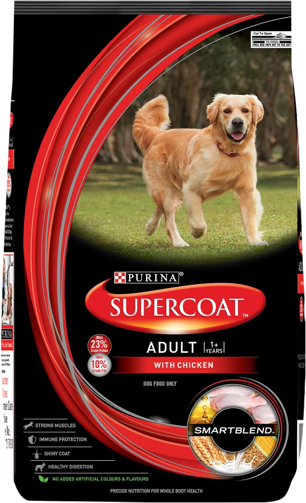 PURINA SUPERCOAT Adult Dry Dog Food, 1+ Years, With Chicken, Smart blend Precise Nutrition for Whole Body Health, No Artificial Colours & Flavours, 10Kg Bag