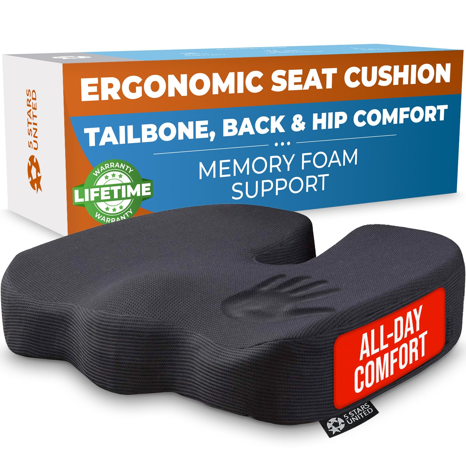 5 STARS UNITED Ergonomic Seat Cushion – Memory Foam Comfort for Tailbone, Hip & Coccyx Sitting Support – Office Chair, Car, Desk, Wheelchair & Gaming – Black5 STARS UNITED Ergonomic Seat Cushion – Memory F…