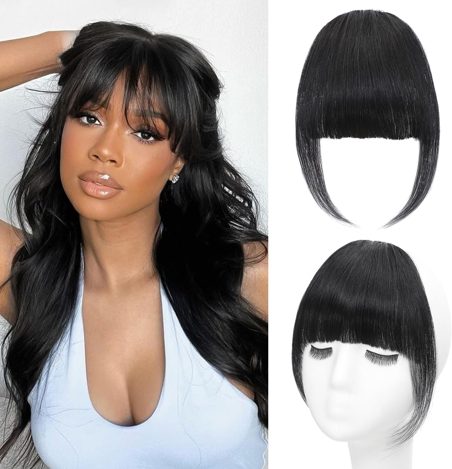 Bangs Hair Clip Human Hair Natural Black French Bangs for Women Fringe with Temples Hairpieces Clip on Bangs for Daily Wear (Natural Black, French Bangs)