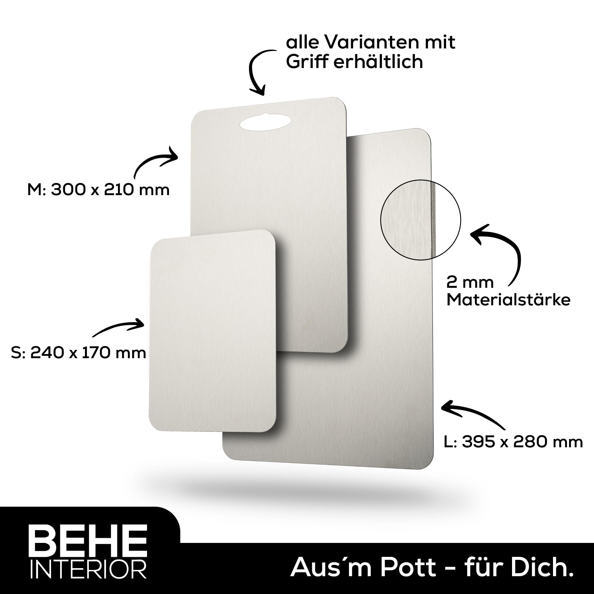 Behe – Tagliere in titanio al 100% (21 x 30 cm) – Made in Germany, tagliere igienico, in titanio, antiscivolo per la cucina, per alimenti, antibatterico e privo di BPA (con manico)