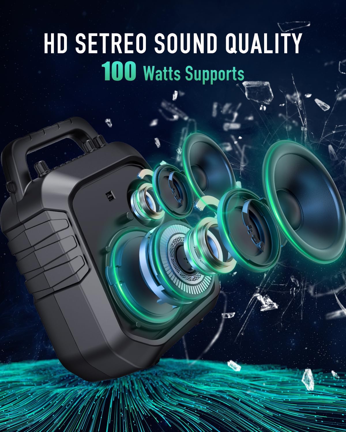 SHIDU 100W Powerful Voice Amplifier with 2 Wireless Microphones, Portable Speaker with Microphone, PA System with Sound Effects, Karaoke Machine Support BT/USB/TF Card/Aux/Guitar - Image 2