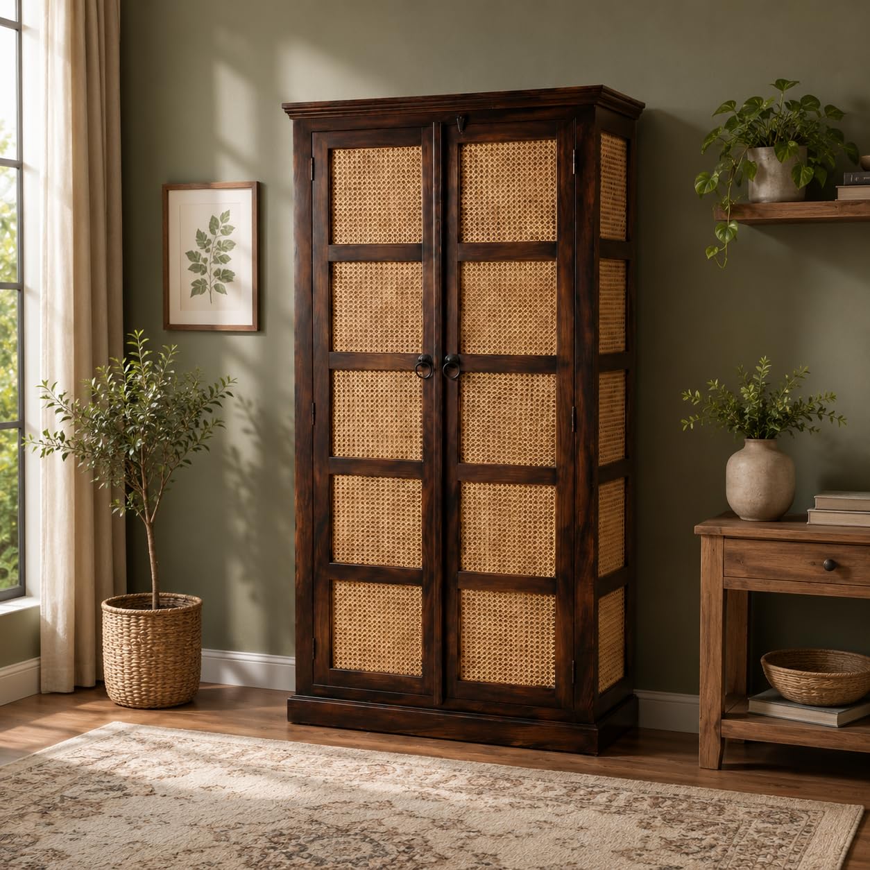 Boho Sheesham Wood Crockery Cabinet with 2 Doors | Solid Wood Storage Cabinet for Living Room, Dining Room & Kitchen | Cane Rattan Design | Walnut Finish-picture-37