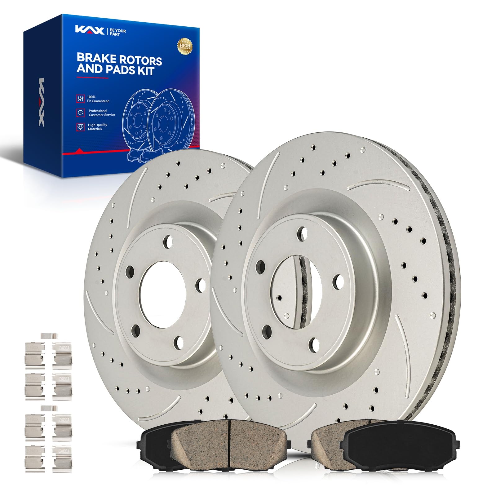 KAX Front Brake Kit, Drilled and Slotted Brake Rotors, Ceramic Brake Pads | Fits Ford Edge 2010-2014, Lincoln MKX 2010-2015, Ford Edge 2007-2009 3.5L, Lincoln MKX 2007-2009 3.5L