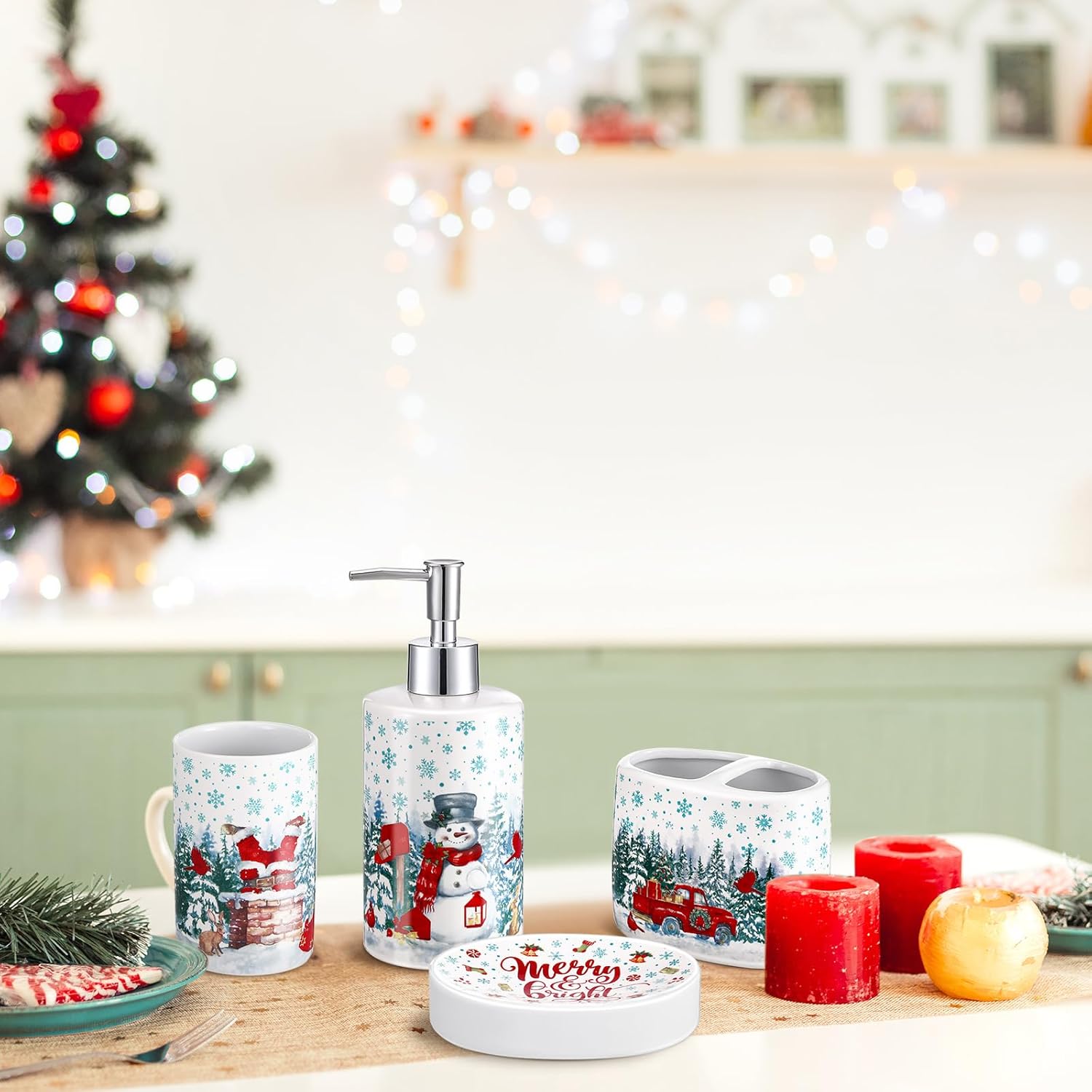 4 Pcs Christmas Ceramic Bathroom Accessories Gifts Xmas Bath Tumbler Xmas Tree Soap Dispenser Toothbrush Holder Soap Tray Merry Christmas Bathroom Decorations(Snowman)