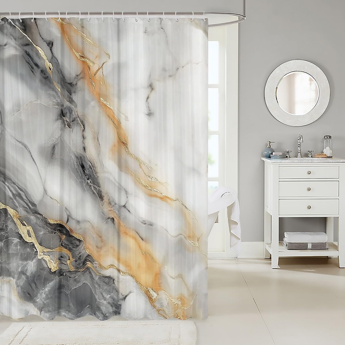 Grey Gold Shower Curtain Marble Stone Fabric Shower Curtain,Modern Abstract Artwork Bath Curtains 72" W X 84" L for Teen Girls Adults Women Watercolor Gradient Metallic Bathroom Accessories