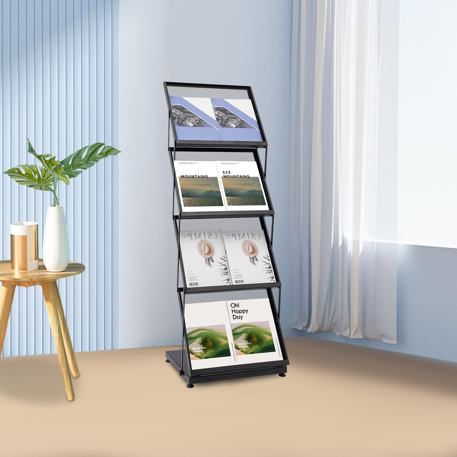 4 Ebenen Faltbar Zeitschriftenständer Prospektständer aus Eisen, Klappbares Prospekthalter Katalogständer Katalogständer, Bodenständer Broschüren-Präsentationsständer für Heim, Büro, Messe (Schwarz)
