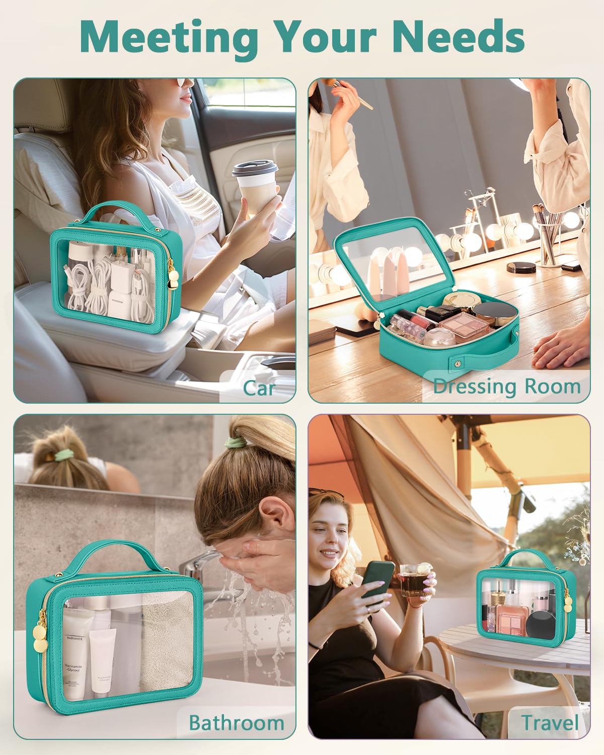 Soimeat Bolsa de maquillaje transparente, bolsas de cosméticos de viaje portátiles, bolsa de aseo multiusos de cuero con cremallera, organizador de cosméticos transparente impermeable para mujeres,