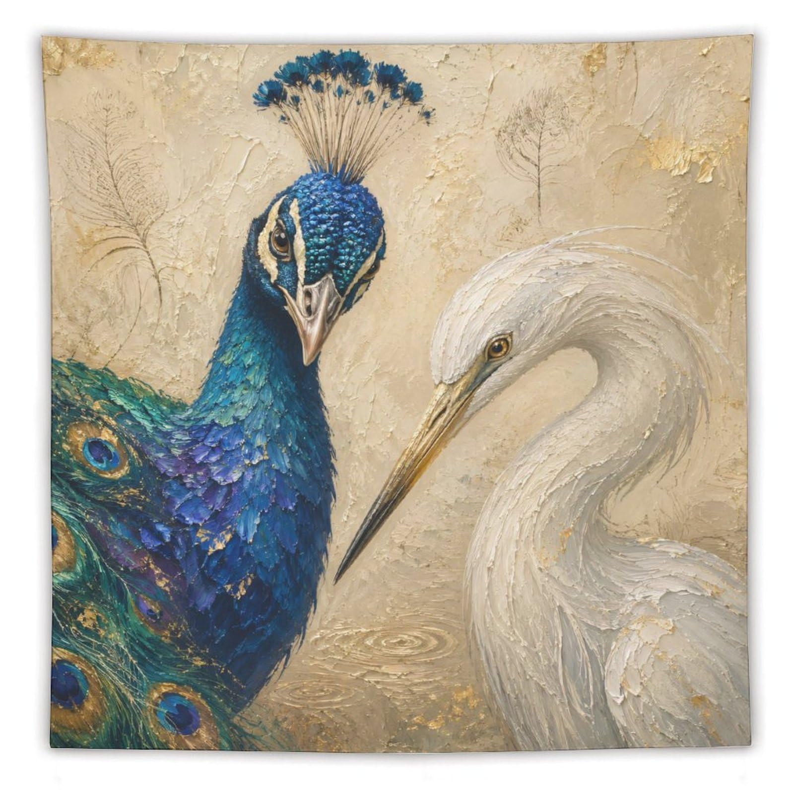W7C8U2X3 Peacock and Egret Wall Tapestry, Detailed Illustration Style, Bed