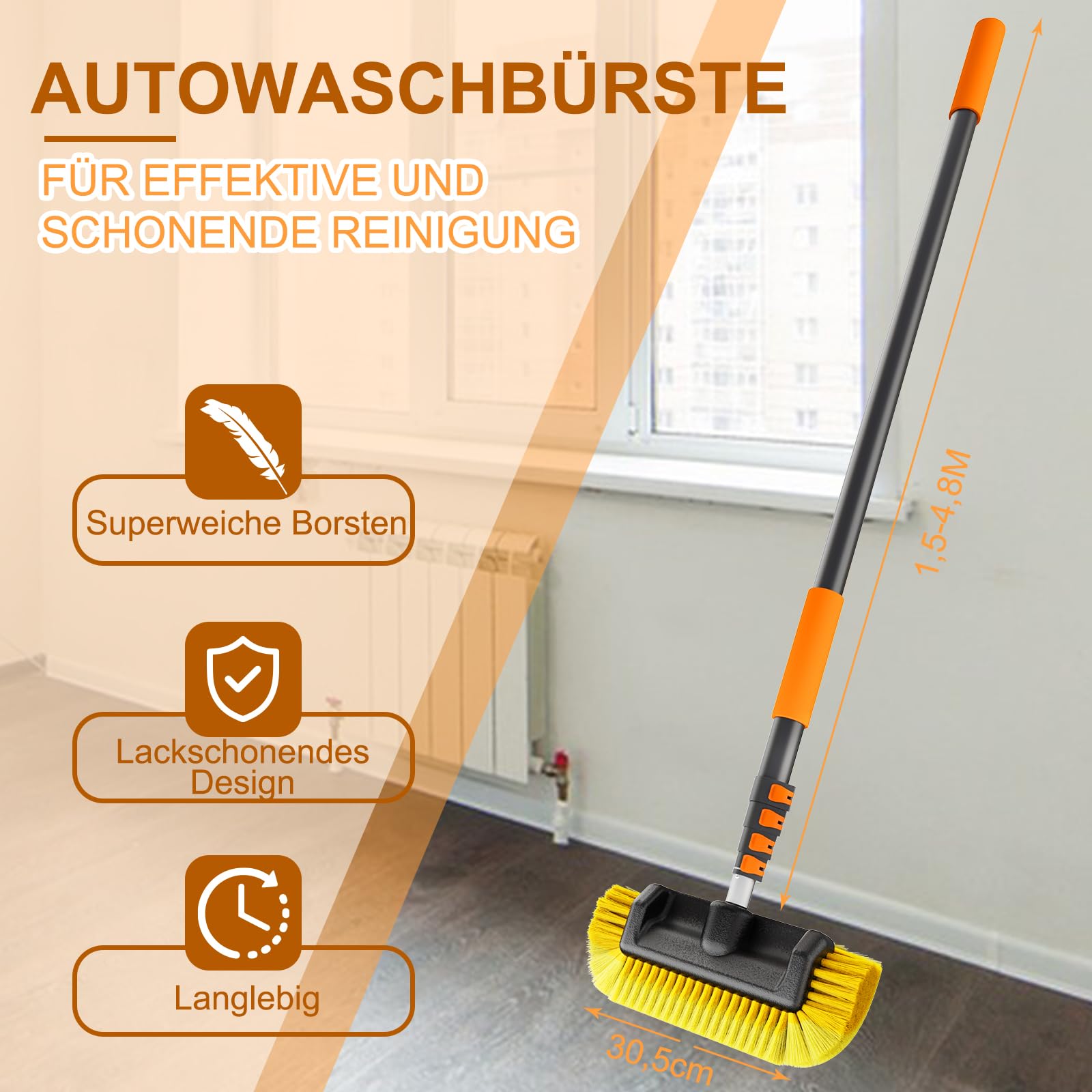 SISUPASSIE 4,8m Autowaschbürste, Teleskop Waschbürste mit 30cm weichen Borsten Waschbürste, Autowaschbürste mit Stiel zur Reinigung von Auto, Wohnmobil, Lastwagen, Boot, Solarmodulen