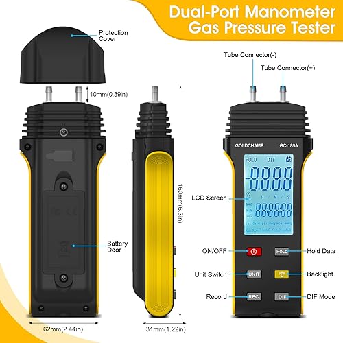 Miniatura 4 de GOLDCHAMP Manómetro digital Probador de presión de gas Manómetro de mano HVAC Manómetro 11 unidades seleccionables Manómetro diferencial Manómetro