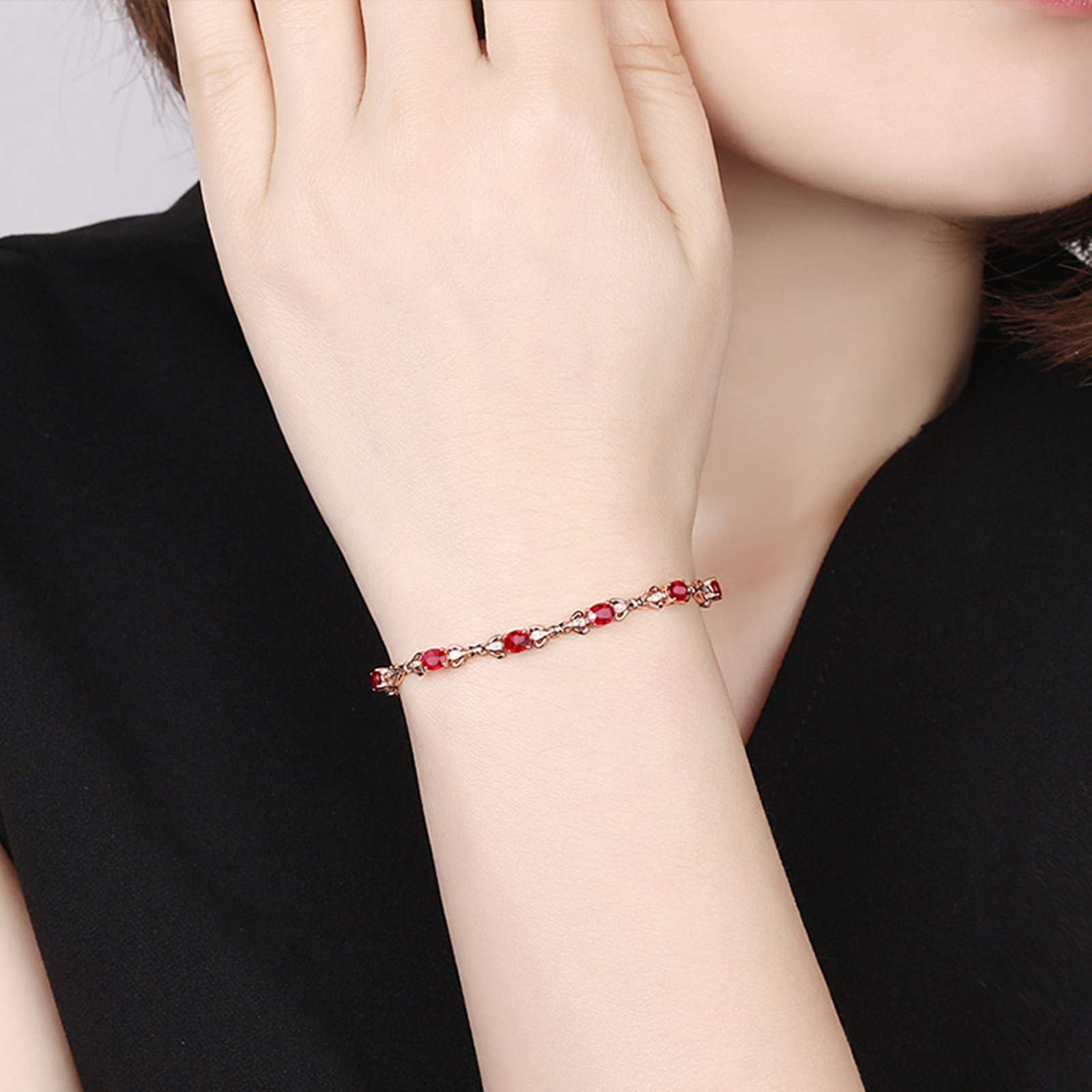 ZH1YFD Pulsera de Cadena de rubíes de Oro Rosa, Pulseras de Mujer con eslabones de Barra y Pulsera de rubí de 2,6 Quilates de 17 CM