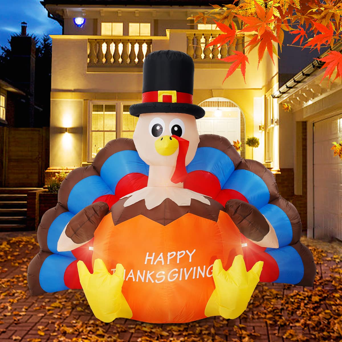 Hacosoon 6.5FT Long Thanksgiving Pumpkin Turkey Inflatable Indoor/Outdoor Decoration Build-in LED Light Blow Up Pumpkin Turkey Decoration for Autumn Thanksgiving Party Holiday, Yard, Garden, Lawn