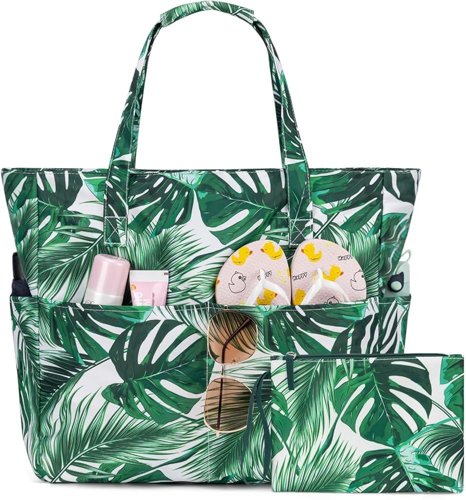Gab Teacher Tote Bag for Women Office Work Multipurpose Shoulder with Zipper Pouch Travel Grocery Beach Hobo Waterproof Sandproof Lightweight Pool (Palm Green)-image-5