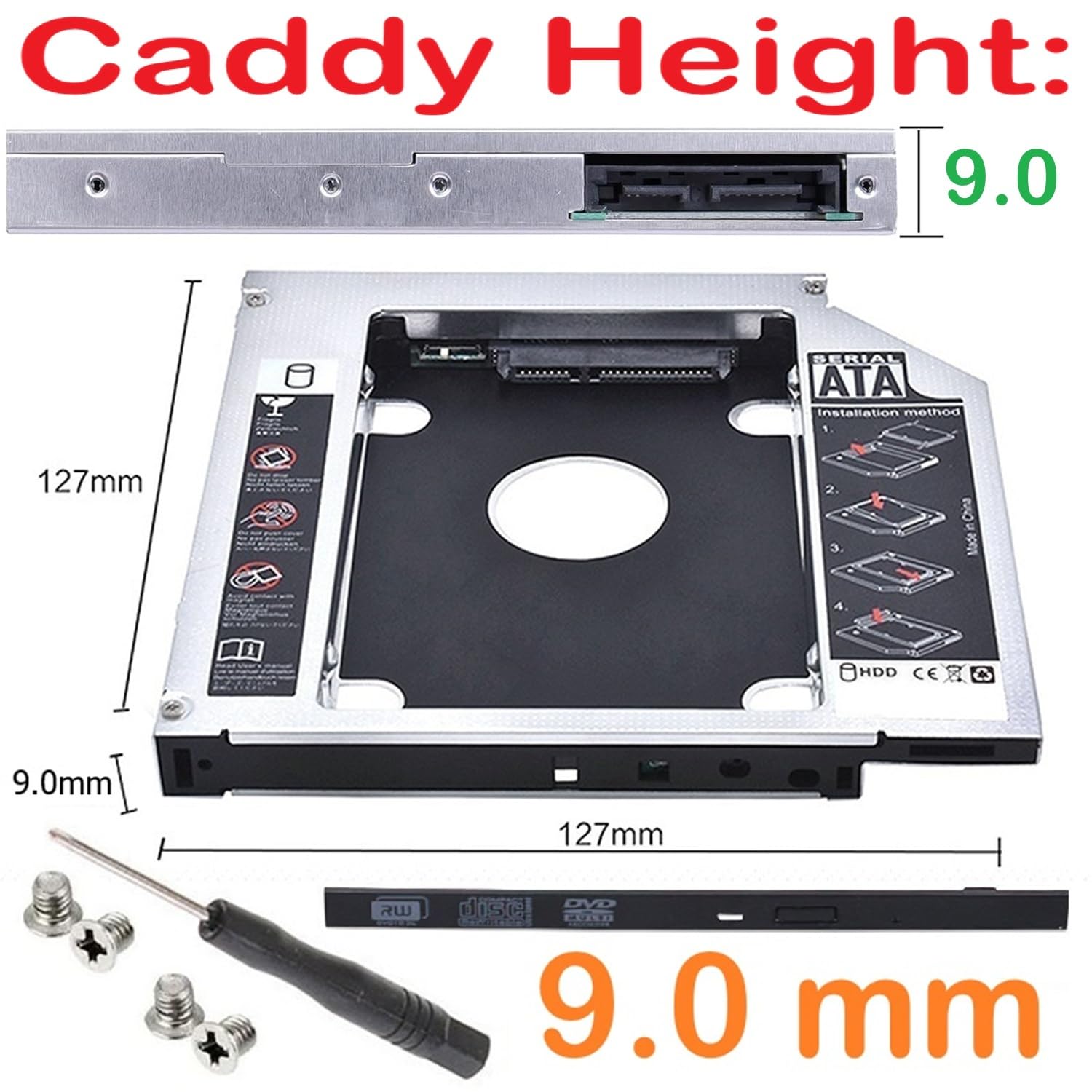 DM DW90 - Adattatore Caddy SATA 3.0 HDD SSD da 9,0 mm per alloggiamento unità ottica per laptop, alloggiamento per disco rigido da 2,5", custodia di ricambio per DVD, compatibile con ACER, ASUS