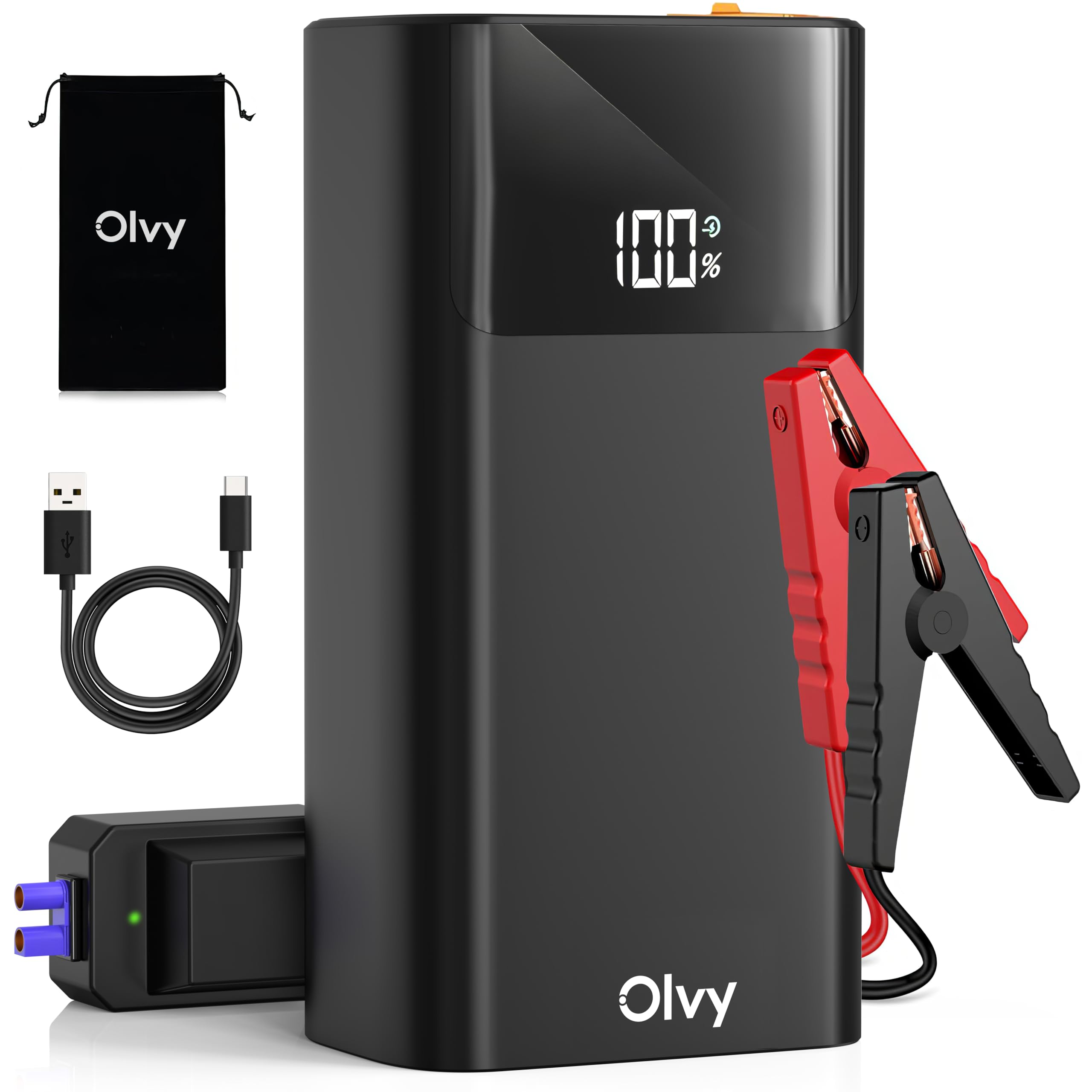 Olvy Avviatore & Power Bank 2-in-1 – 1500A di Picco, Avviatore di Emergenza 12V Portatile con Morsetti Intelligenti, Torcia LED, Uscita USB/Type-C, per Auto, Camion, Moto, Barche, SUV & Motori Pesanti