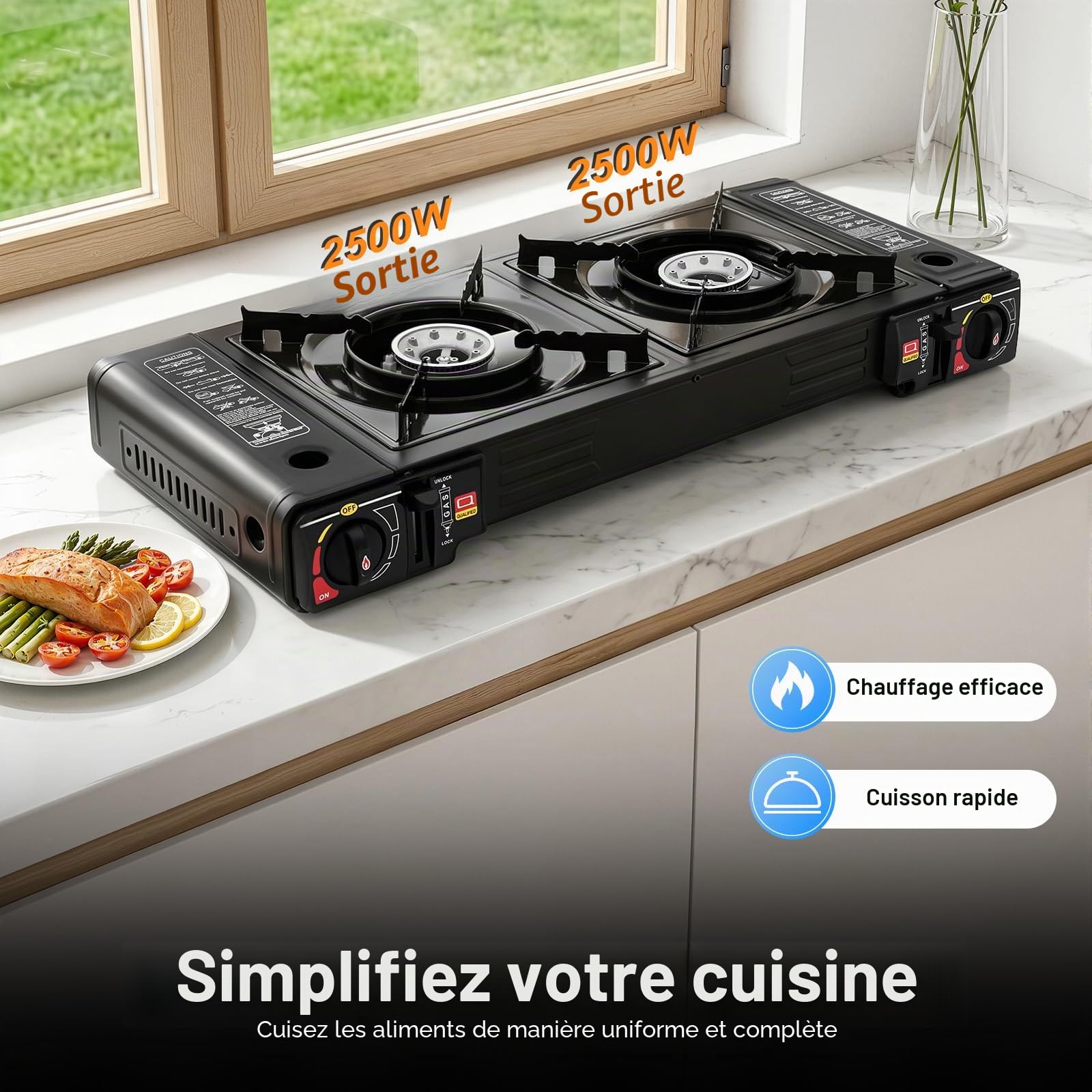 Réchaud à gaz 2 flammes, réchaud de camping avec sac de transport, réchaud à gaz portable, valve de protection contre la surpression intégrée, 2500 W par brûleur, pour caravane, camping-car
