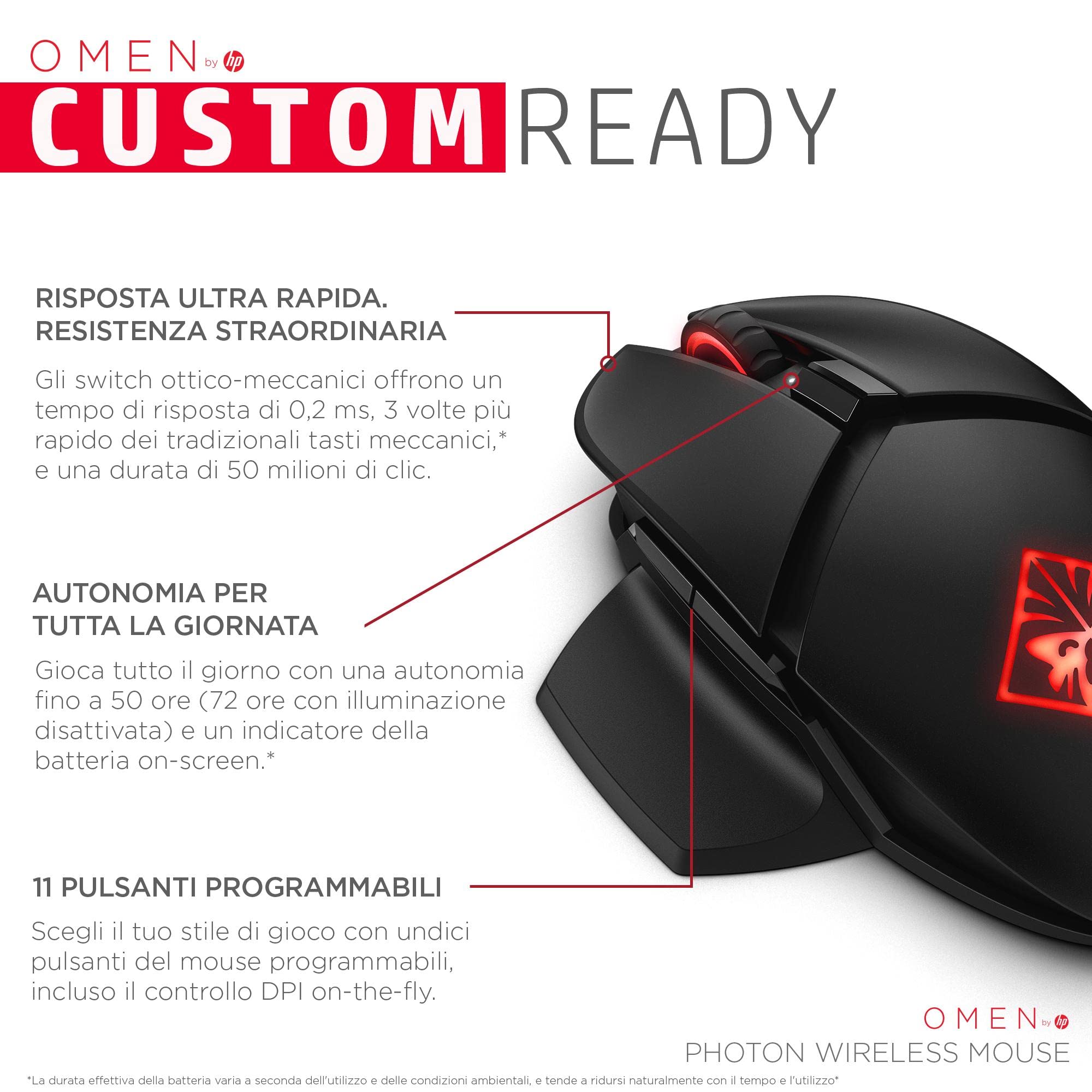 HP OMEN Mouse Photon, Wireless, Ricarica Qi Wireless, 11 Tasti Programmabili, Tempo Risposta 0.2 ms, DPI da 100 e 16000, Sensore Ottico PixArt PAW3335, LED RGB Personalizzabili, Nero