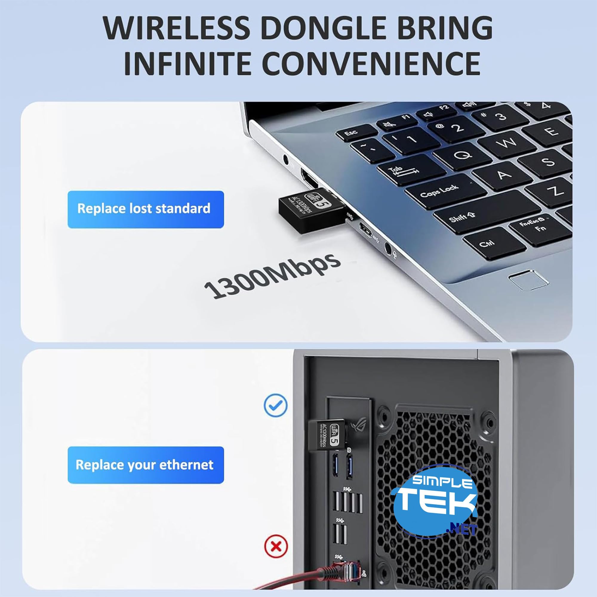 SIMPLETEK - Clé USB Wi-Fi 5 Dual Band - Adaptateur sans fil 2,4 GHz/5,8 GHz, 1300 Mbps, haute vitesse pour PC de bureau et ordinateur portable