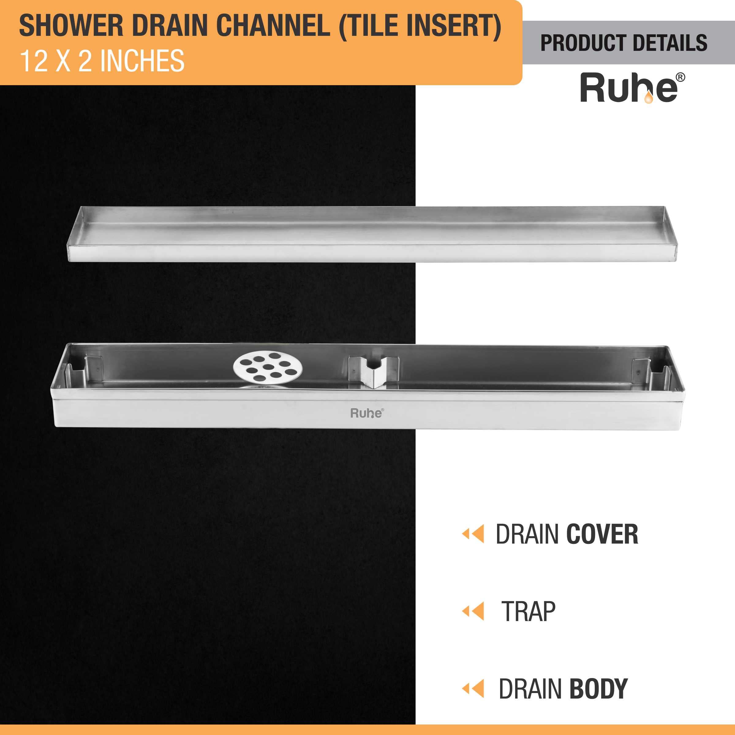 Ruhe® Tile Insert Floor Drain | 12 x 2 Inches Waste Water Floor Drain for 13mm Tile | 304 Stainless Steel Invisible Shower Drain Channel with Trap/Jali — Amazon image 4