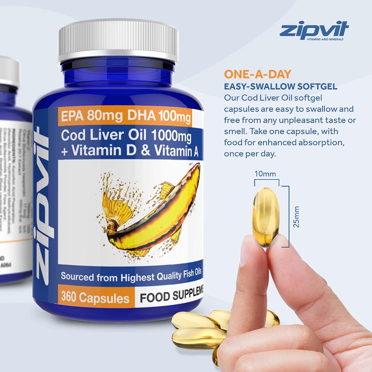 Cod Liver Oil 1000mg, 360 Capsules of High Strength Fish Oil, Rich in