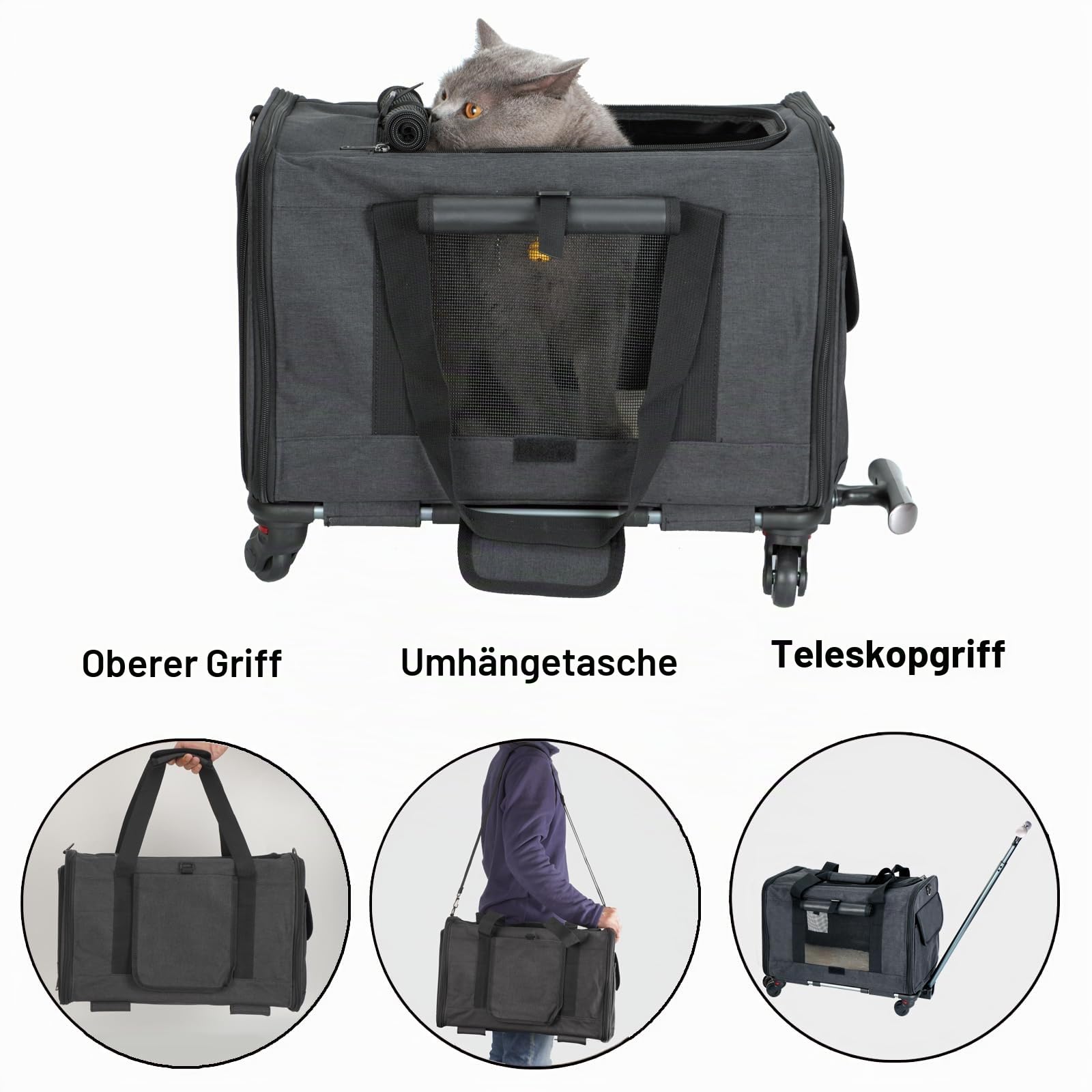 FLYAMAPIRIT Mobile Haustiertragetasche für kleine mittelgroße Hunde Katzen Tragbare Reisetragetasche mit Teleskopgriff und abnehmbaren Rädern